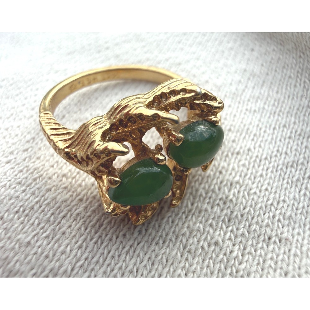 Vintage 14kt HGE Gold Green Faux Chalcedony Brutalist Statement Ring Size 6 - Picture 5 of 13